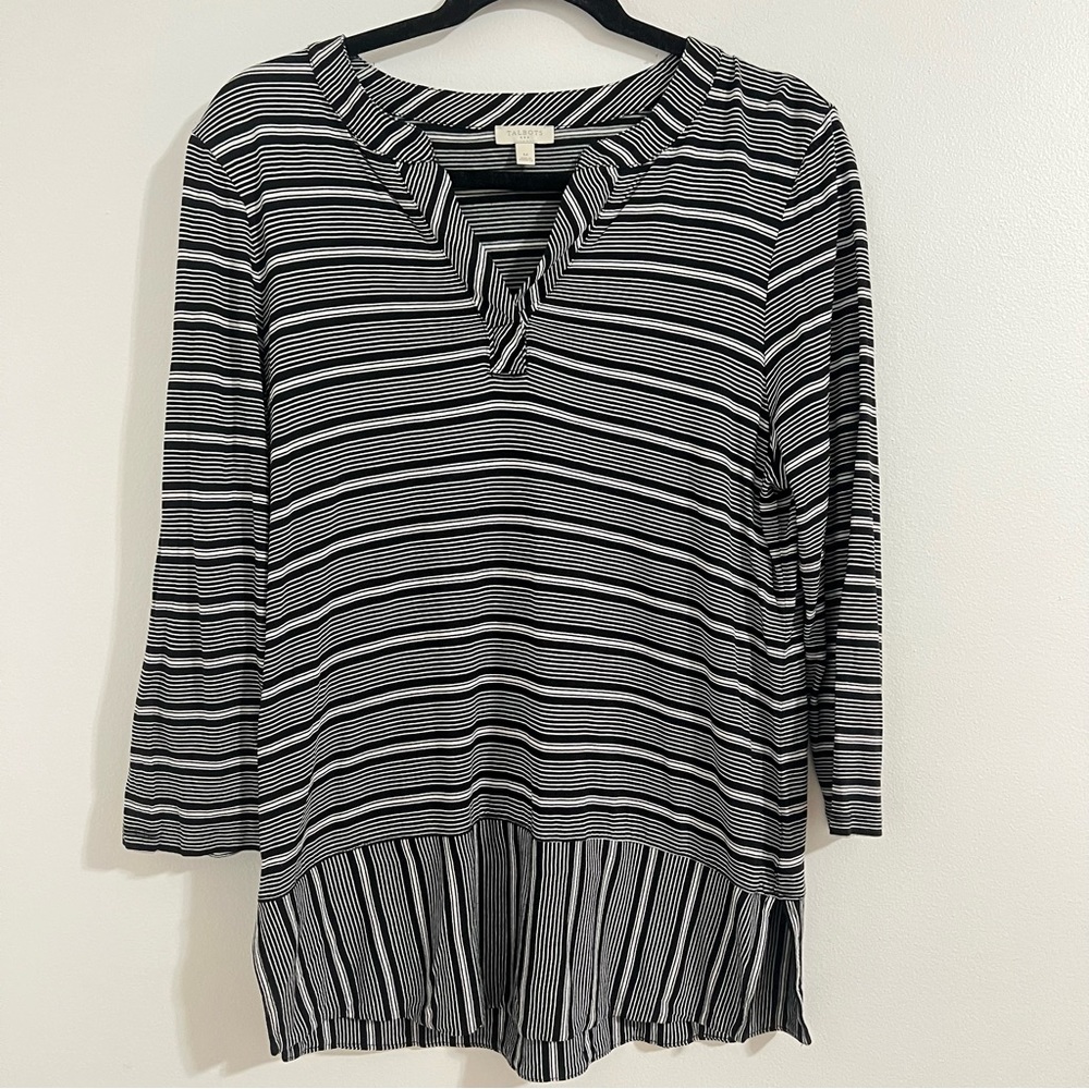 Talbots Black and White Stripe Tunic Top Size M Irregular Designs 3/4 Sleeve